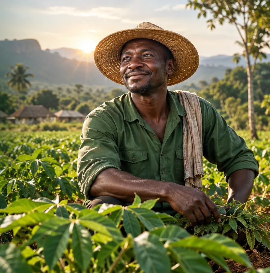 Agriculteur souriant dans son champ de manioc au lever du soleil